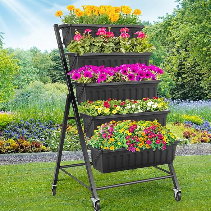 Homdox 5-Tier Elevated Garden Bed with Lockable Caster Wheels - Freestanding Vertical Raised Bed with 5 Garden Planter Boxes- Perfect to Grow Vegetables Herbs Flowers Indoor(Black)