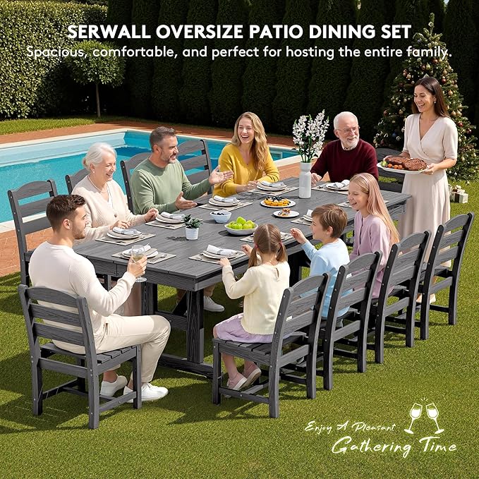 SERWALL 11 Piece Outdoor Dining Set, 84" HDPE Outdoor Table and Chairs for 10，All Weather Patio Furniture Set with Umbrella Hole for Backyard, Garden, Gray