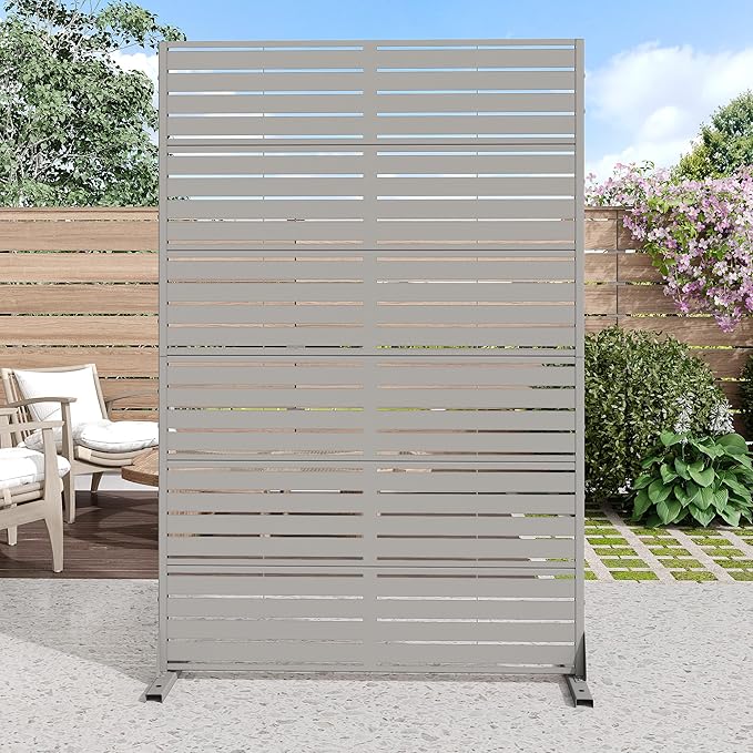 Casaphoria Metal Privacy Screen Outdoor, 72" H x 47" W Freestanding Decorative Privacy Screen for Patio Deck Balcony Garden with Stable Base, Grey-Louvered