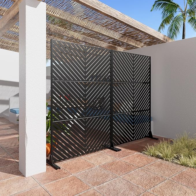 Casaphoria Metal Privacy Screen Outdoor, 72" H x 47" W Freestanding Decorative Privacy Screen for Patio Deck Balcony Garden with Stable Base, Black Parallel