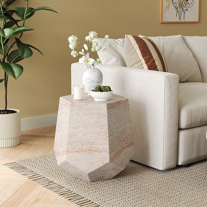Christopher Knight Home Jayme 18.75" Indoor Outdoor Hexagonal Accent Side Table, Patio Decorative End Table, Lightweight Concrete Garden Stool for Patio Living Room Balcony & Garden Decor, Travertine