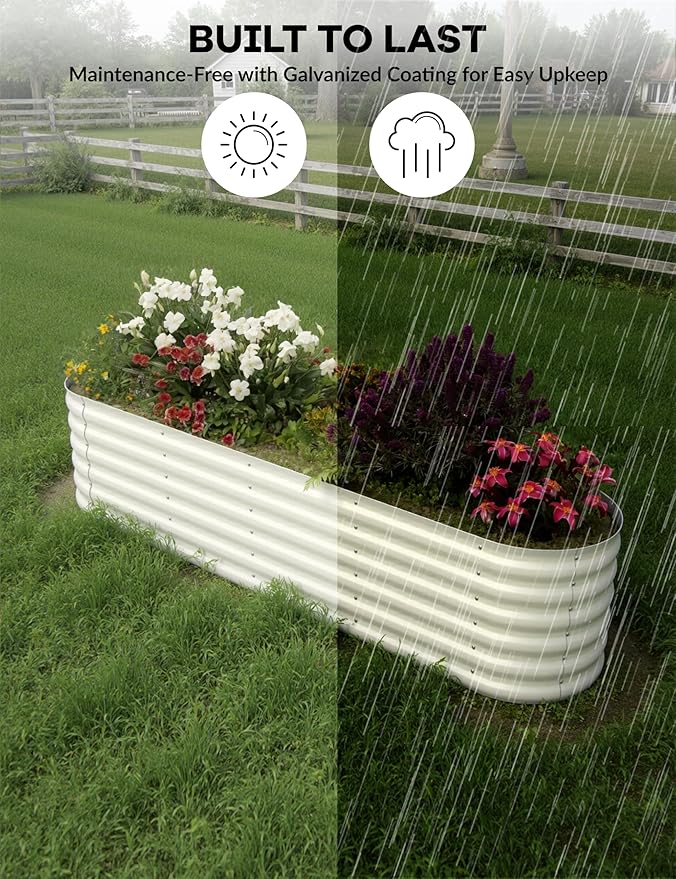 GarveeLife 8x2x1.5 ft Galvanized Raised Garden Bed - 18“ Tall Metal Planter Box for Vegetables, Flowers, Herbs, Rust-Resistant Outdoor Garden Box, Easy Assembly Raised Beds for Gardening, Beige