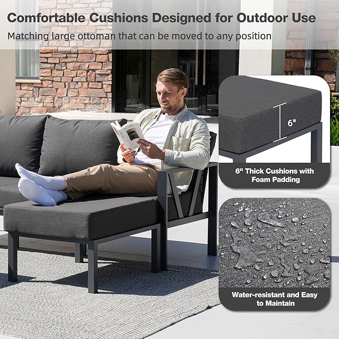 Outdoor Furniture Set, Patio Couch Sectional with Ottoman, 3 Pieces Outdoor Patio Sofa Set Deep Seating with 6" Thick Cushions, Dark Grey