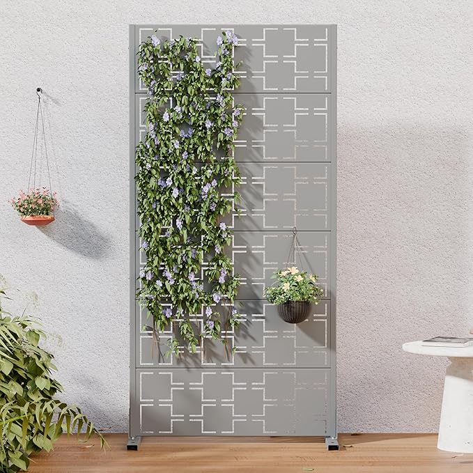 Casaphoria Metal Privacy Screen Outdoor, 60" H x 30" W Freestanding Decorative Privacy Screen for Patio Deck Balcony Garden with Stable Base, Grey-Square