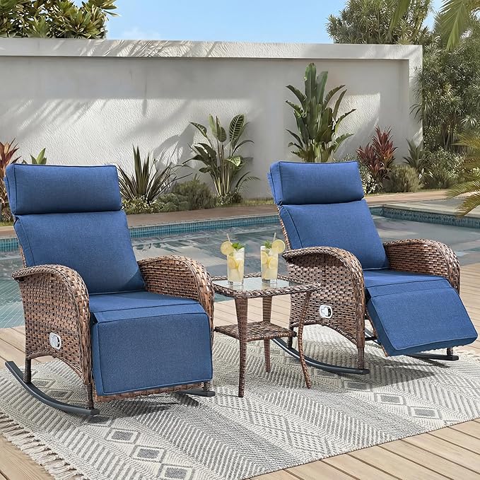 3 Pieces Zero Gravity Wicker Patio Rocking Recliner Chairs Set of 2 - Wicker Outdoor Lounge Chair with Side Table, Adjustable Backrest & Footrest, High Back Outdoor Recliner Chair for Pool Deck Blue