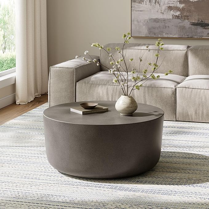 Modway Brion 34 Inch Round Concrete Coffee Table – Indoor/Outdoor Tapered Cylinder Coffee Table – Low Center Table for Living Room or Patio in Gray