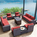 Kullavik 13 Pieces Outdoor Patio Furniture Set with 43" 55000BTU Gas Propane Fire Pit Table PE Wicker Rattan Sectional Sofa Patio Conversation Sets,Red