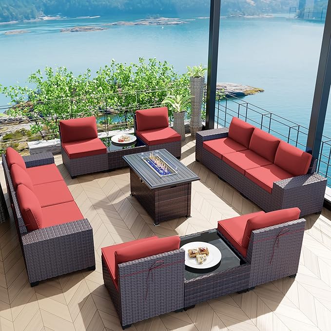 Kullavik 13 Pieces Outdoor Patio Furniture Set with 43" 55000BTU Gas Propane Fire Pit Table PE Wicker Rattan Sectional Sofa Patio Conversation Sets,Red