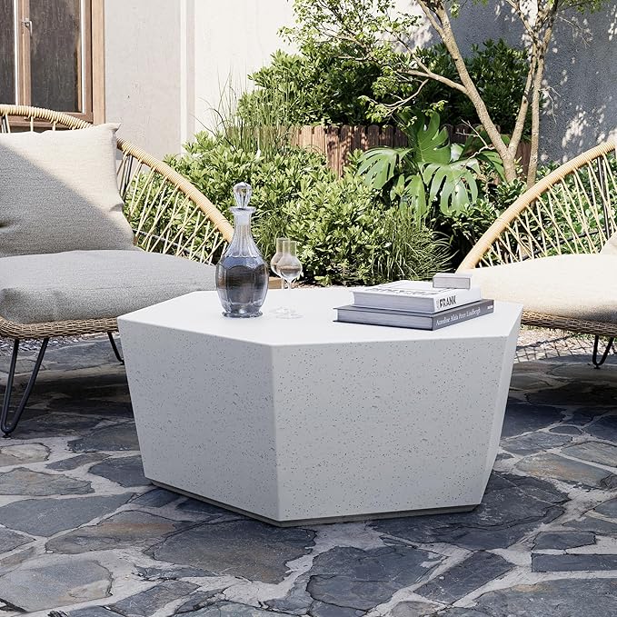 UPHA Outdoor Hexagon Coffee Table, Small Modern Minimalist Accent Tables, Low Light Concrete Center Table for Living Room, Outside Patio, Deck, 35×30.7×15, Off-White