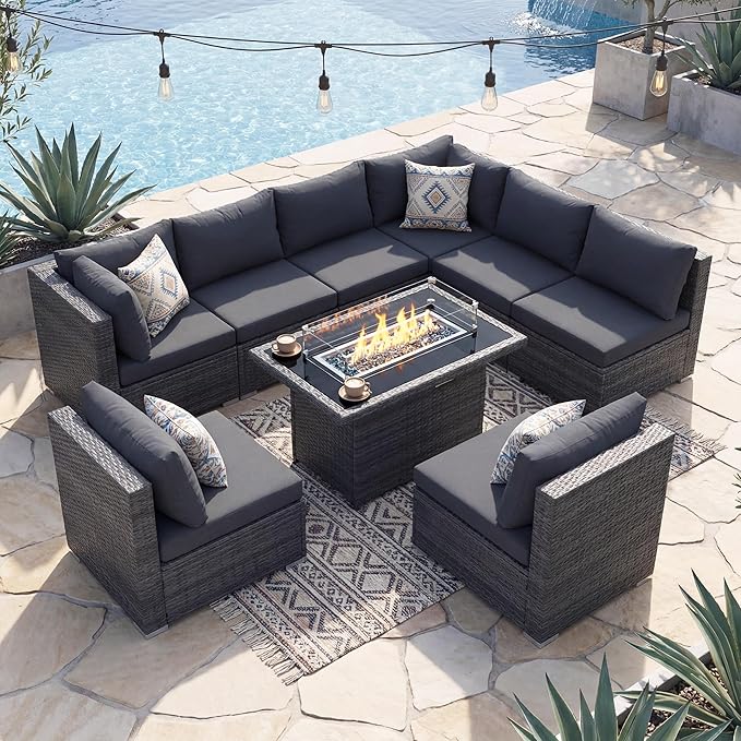 NICESOUL 9 Piece Modern Outdoor Furniture Set with Fire Pit Table, 8 Seat L-Shaped Extra Large Sectional Sofa Sets, 29.3'' High Back Comfy Modular Wicker Conversations, Natural Gas & Propane, Grey