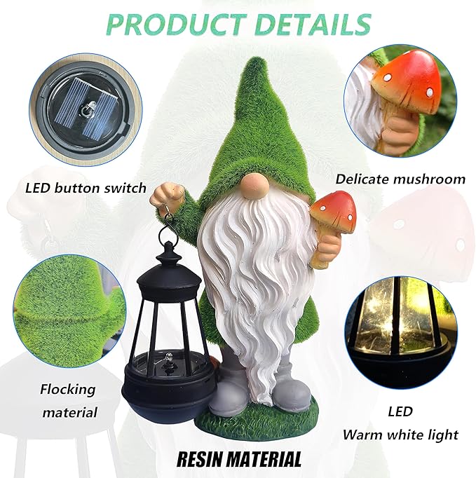 Gnomes Solar Garden Statues,Resin Gnome Figurine Decorations Holding Mushroom and Solar Lights Lantern, Outdoor Figurines Lawn Garden Statue Decor Art for Lawn,Yard, Balcony Ornament.