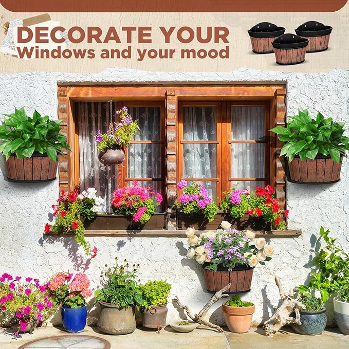 Layhit 6 Pcs Wall Hanging Planters Outdoor Pot Planter Wine Barrel Planter Distressed Oak Thickened Plastic Water Storage Flower Pots for Flower Indoor Outdoor(13.78 Inches,Brown)
