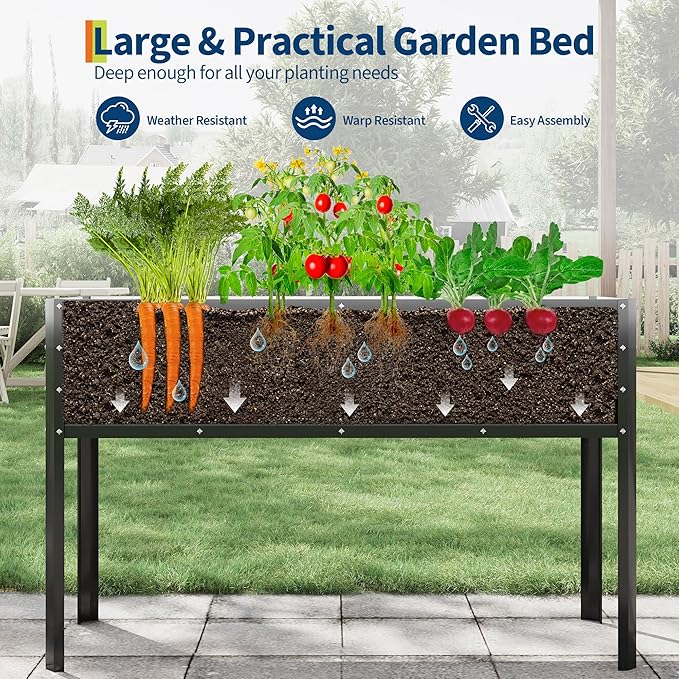 Galvanized Raised Garden Bed with Legs&Water Storage - 50×32×17 in Metal Planter Box, Outdoor Raised Garden Beds Gardening, Durable Planter Raised Beds, Sturdy Planters for Outdoor Plants (Black)
