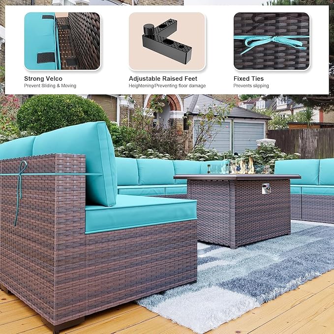 Kullavik 13 Pieces Outdoor Patio Furniture Set with 43" 55000BTU Gas Propane Fire Pit Table PE Wicker Rattan Sectional Sofa Patio Conversation Sets,Blue