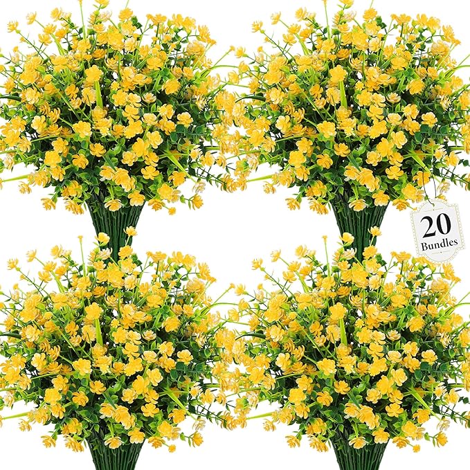20 Bundles Artificial Flowers for Outdoors Fake Plastic Flowers UV Resistant Realistic Faux Plants Shrubs for Spring Summer Garden Porch Yard Patio Planter Window Box Home Decor, Yellow