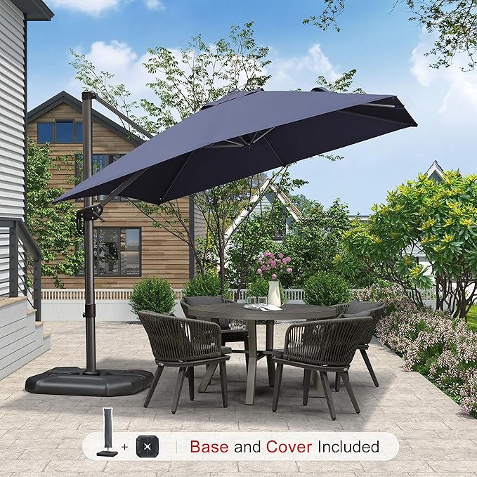 PURPLE LEAF 9'×9' Patio Umbrella with Base Outdoor Cantilever Umbrella with Cover Aluminum Square Offset Umbrella with 360-degree Rotation for Deck Pool Garden Navy Blue