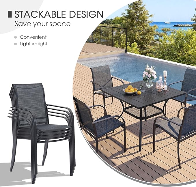 VICLLAX 3 Pieces Patio Dining Set for 2, Outdoor Furniture Set Includes 1 Small Patio Table and 2 Stackable Patio Sling Chairs, Patio Bistro Set for Outsides, Grey Wood-Like Table and Grey Chairs