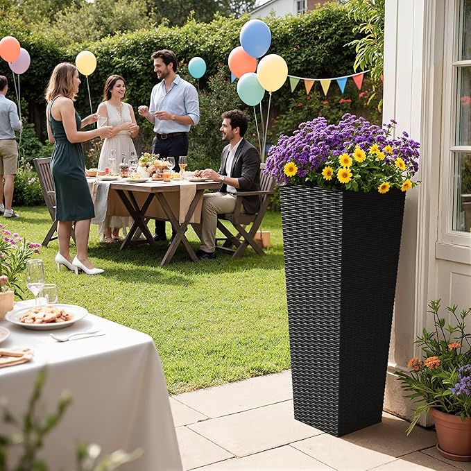 Greesum 32 Inch Tall Plastic Planters with Rattan Texture – Set of 2, Detachable Inner Pot & Drainage Holes, Indoor/Outdoor Decorative Flower Pots for Large Plants, Trees, Patio, and Garden, Black