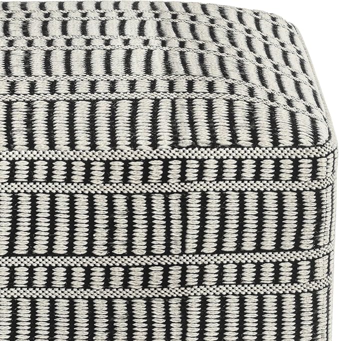 SIMPLIHOME Safford Square Pouf - 20 inch Wide Upholstered PET Polyester Ottoman in Black and White, Boho Indoor/Outdoor Footstool or Extra Seating for Living Room, Bedroom, or Patio, Assembled