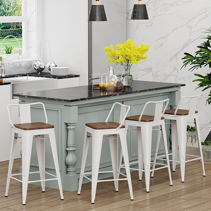 Yongchuang 24 inch Metal Bar Stools Set of 4 Counter Height Barstools Farmhouse Kitchen Bar Chairs with Wood Seat Low Back Cream White