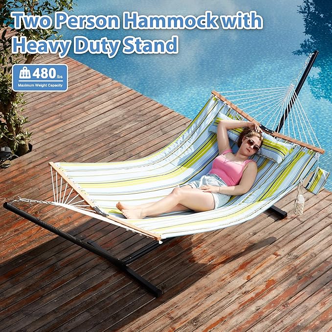 Two Person Hammock with Stand for Outside Heavy Duty, Outdoor Patio Hammock with Portable Steel Stand, Large Double Hammocks,480lbs Capacity.(Light Blue Stripes)