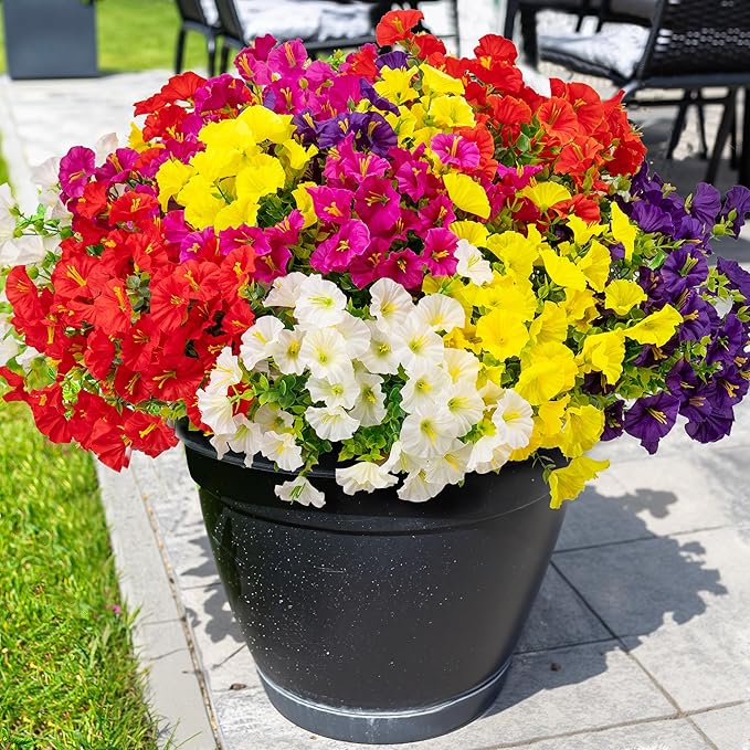 20PCS Artificial Fake Flowers for Outdoors/Indoors, Faux Silk Colorful Morning Glory with Eucalyptus, UV Resistant Realistic Floral Arrangement for Garden Porch Window Box Home Balcony Yard (5 Colors)