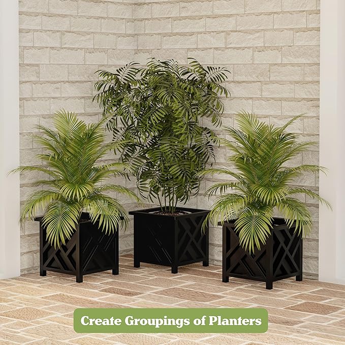 Lattice Design Outdoor Planter Box - 14.75” Square 13” Tall Black Plant Pot - Decorative Plant Pots for Front Porch Decor - Flower Pots Outdoor Planters for Porch Patio or Garden Decor by Pure Garden