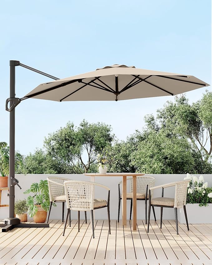 GarveeLife 10FT Patio Umbrella Outdoor Large Cantilever Umbrella Market Sun Shade Windproof Offset Umbrella with 360-Degree Rotation for Garden Deck Pool Patio, Tan
