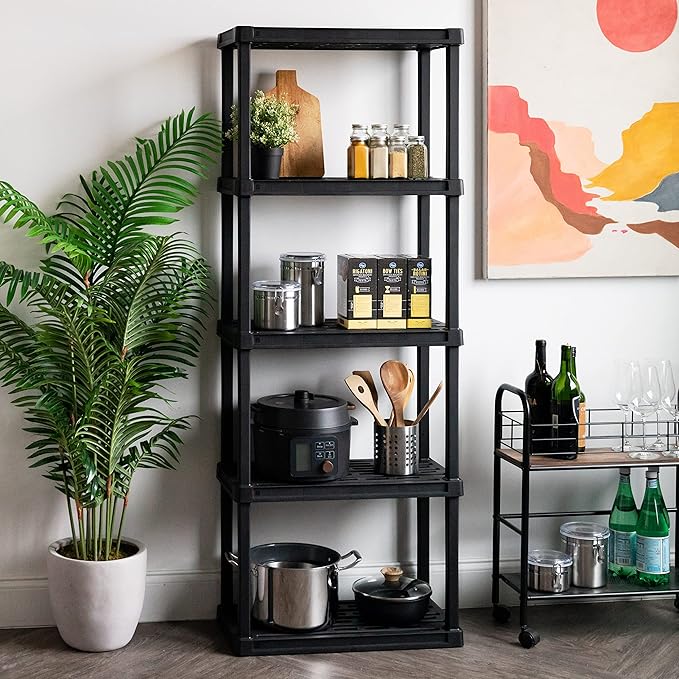 IRIS USA 5-Shelf Light Duty Plastic Storage Shelves, 250lb Capacity, 64" H x 24" W x 12" D, Medium Modular Shelving Unit Storage Organizer for Bathroom, Laundry, Garage & Home, Storage Rack - Black