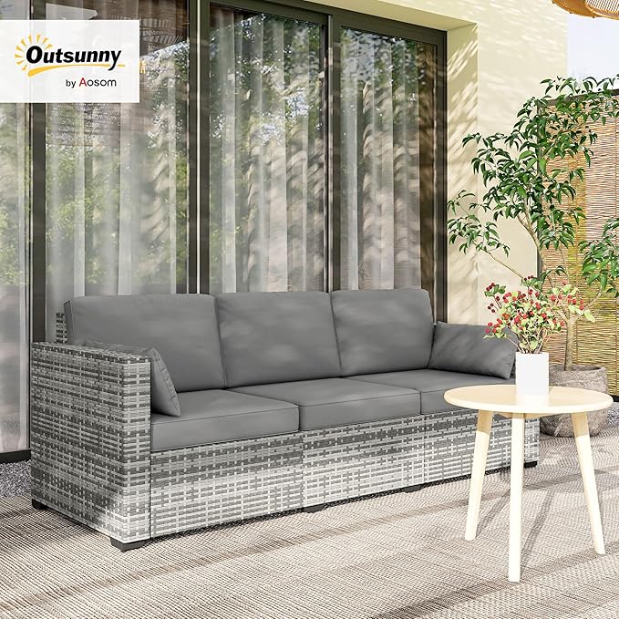 Outsunny Patio Couch PE Wicker Deep Seating Outdoor Sofa with Removable Cushions, 3 Seater Rattan Sofa, Outdoor Furniture for Balcony, Deck, Garden and Poolside, Gray