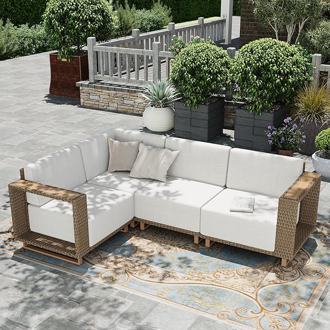 HERA'S HOUSE Patio Furniture Set, 4 Pieces Sectional Outdoor Rattan Wicker Sofa, All Weather Patio Conversation Set with 10" Ultra Thick Comfy Sponge Cushion,5.3" Widened Armrest,Patio Couch