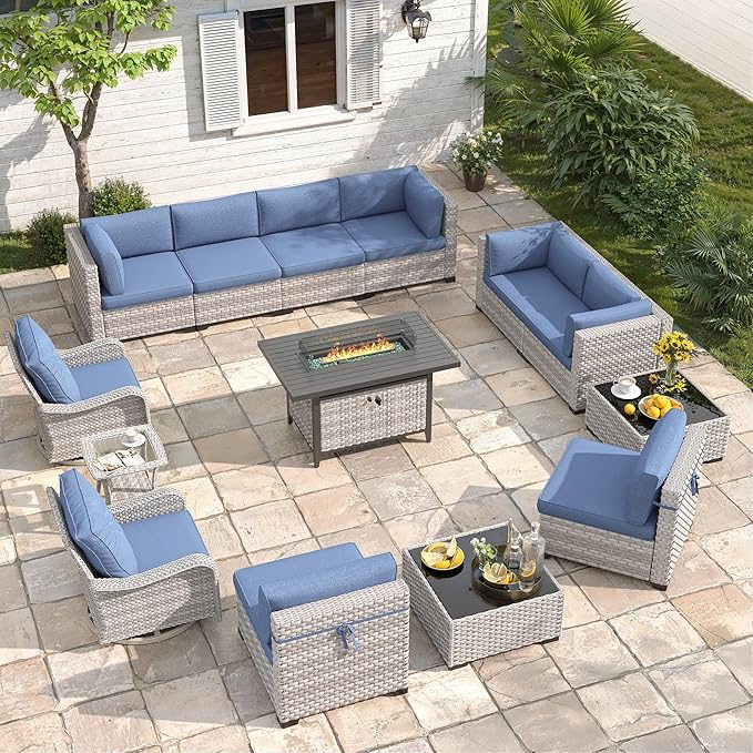 10-Seat Outdoor Wicker Patio Furniture Set with Fire Pit Table, Modular Rattan Sectional Sofa & 2 Swivel Rocking Chairs, 4" Thick Cushions, Rust-Resistant Frame,Navy