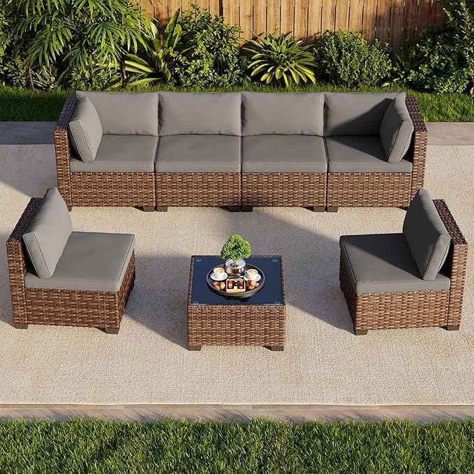 7 Pieces Patio Furniture Set, Outdoor Sectional Rattan Sofa Set, Wicker Patio Conversation Set with Cushions and Glass Coffee Table, for Balcony, Porch, Garden, Grey