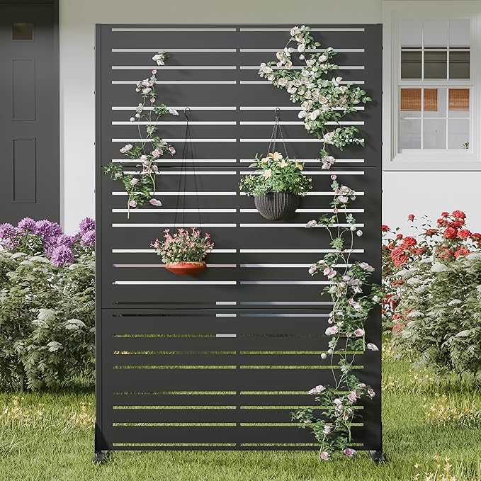Casaphoria Metal Privacy Screen Outdoor, 72" H x 47" W Freestanding Decorative Privacy Screen for Patio Deck Balcony Garden with Stable Base, Black-Benjamin