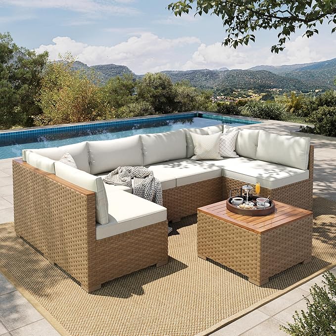 HERA'S HOUSE Wicker Patio Furniture Set, 7 Pieces Outdoor Sectional Sets with 6 Seats, Rattan Conversation Set with Sofa and Wood Coffee Table for Garden and Backyard, l Shape Boho Balcony Couch Set
