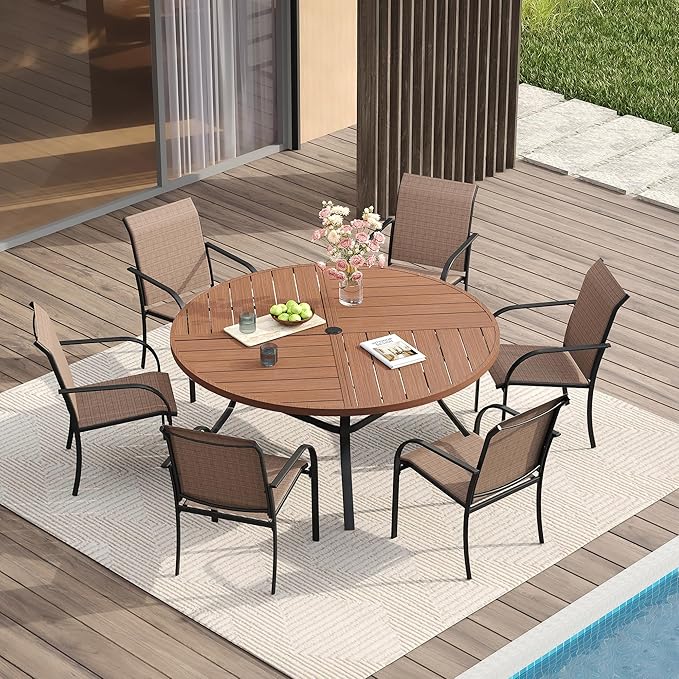 VICLLAX Patio Table and Chair Set of 6, All Weather Metal Round Outdoor Dining Furniture Set-50 Round Outdoor Table and Chairs, Walnut Wood Grain Tabletop