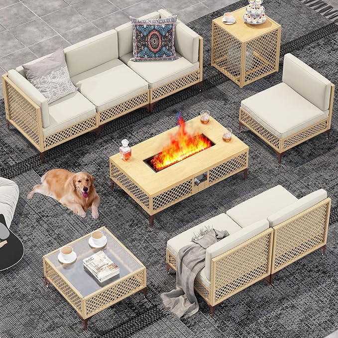 LYNSLIM Outdoor Patio Furniture Set, Wicker Outdoor Sectional Set with Large Fire Pit Table, Boho Patio Conversation Sectional Sofa with Large Tempered Glass Coffee Table and Waterproof Cushion