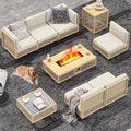 LYNSLIM Outdoor Patio Furniture Set, Wicker Outdoor Sectional Set with Large Fire Pit Table, Boho Patio Conversation Sectional Sofa with Large Tempered Glass Coffee Table and Waterproof Cushion