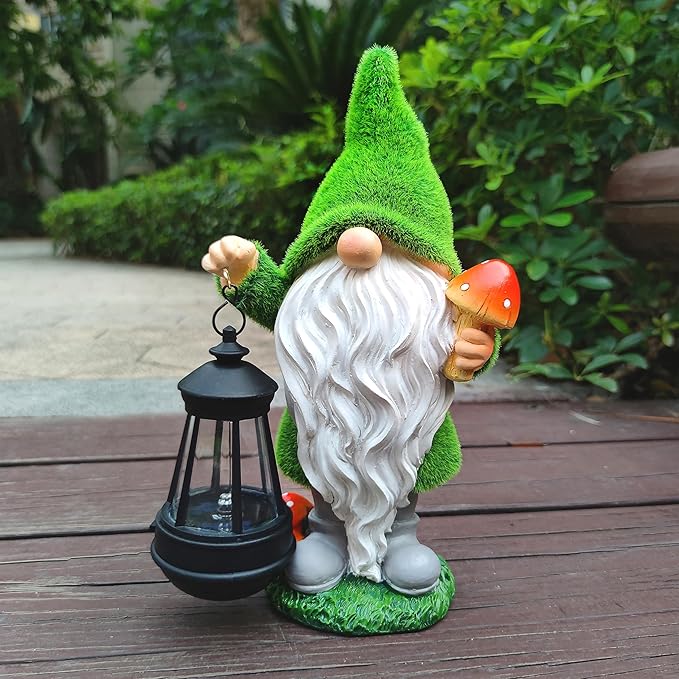 Gnomes Solar Garden Statues,Resin Gnome Figurine Decorations Holding Mushroom and Solar Lights Lantern, Outdoor Figurines Lawn Garden Statue Decor Art for Lawn,Yard, Balcony Ornament.