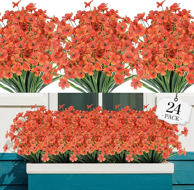 AGIRL 24 Bundles Artificial Fall Flowers Outdoor Indoor Decoration,Fake Plastic Flowers,Faux Mums Plant for Thanksgiving Fall Decor,for Hanging Outside Garden Front Door Porch Patio Window Box