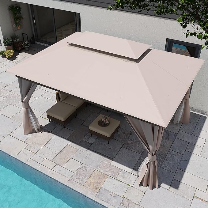 LAUSAINT HOME Semi-Permanent Outdoor Patio Gazebo 10'x13', Heavy Duty Party Tent Shelter with Double Roofs, Mosquito Nettings and Privacy Screens for Backyard, Garden, Lawn, Khaki