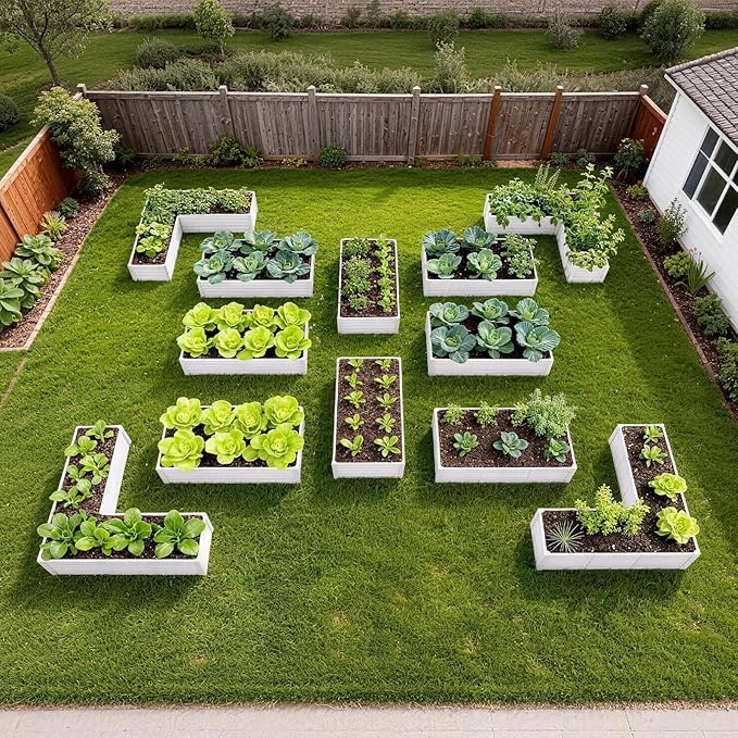 A ANLEOLIFE Set of 12, 18 Inch Tall Raised Garden Beds Kit, Rectangular & L-Shaped Combo Metal Planters – Ideal for Backyard DIY Creative Layouts, Antique White
