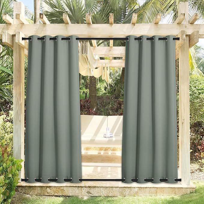 NICETOWN Windproof Sage Green Outdoor Curtains 2 Panels Top and Bottom Grommet for Patio Waterproof, Fixed Outdoor Blinds Keep Warm & Privacy Thermal Insulated Blackout Drapes for Cabana, W52 x L84