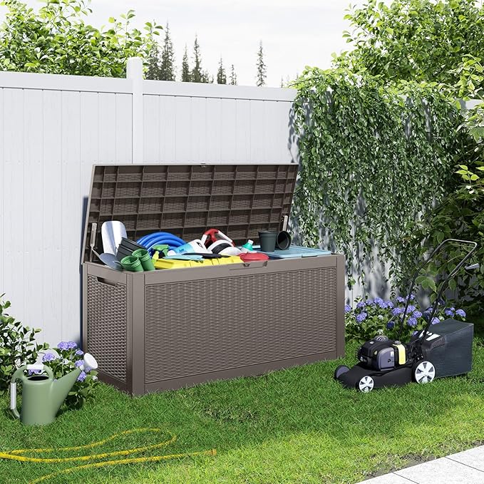 120 Gallon Outdoor Deck Box, Lockable Waterproof Outdoor Storage Boxes For Garden Tools,Indoor Cushions,Accessories Outside Storage Resin Weatherproof Container(Grey)