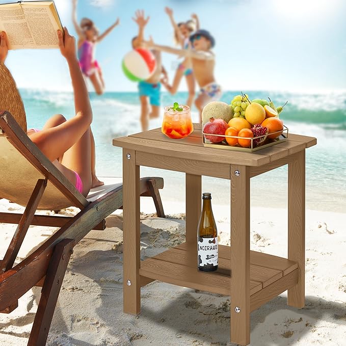 Y&M Outdoor Side Table, HIPS Adirondack Small Double Layer Table, Waterproof Square Outside Table, Balcony Modern End Tables for Patio, Pool, Beach, Porch, Deck, Indoor or Outdoor Use, Brown
