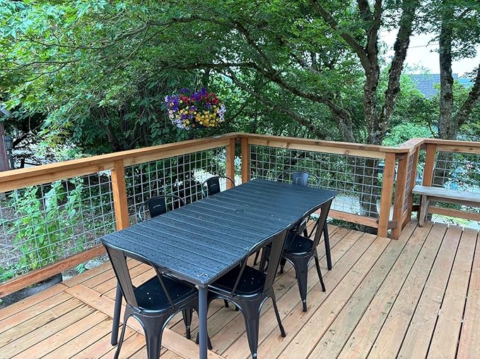70" Patio Outdoor Dining Table for 6, Weather-Resistant Aluminum Frame with Wood-Grain Top & Umbrella Hole for Deck Gatherings, Black