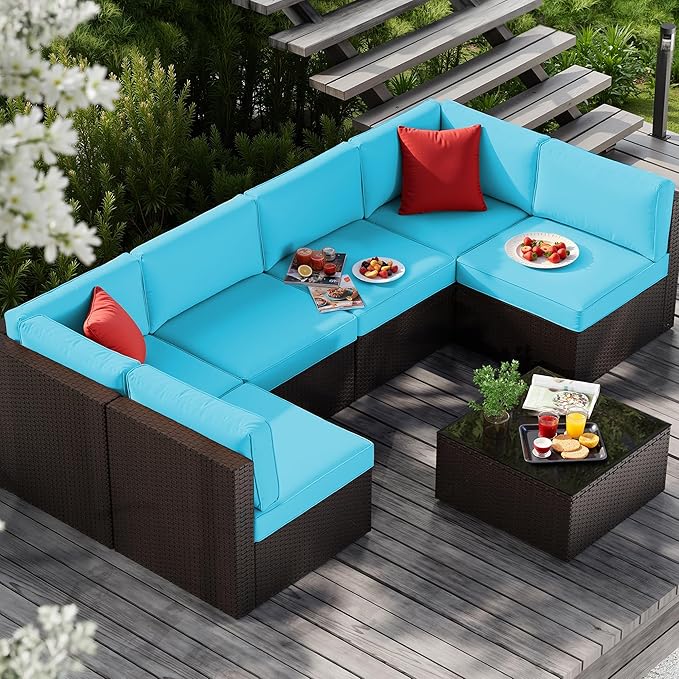 Vongrasig 7 Pieces Patio Furniture Sets, Outdoor All-Weather Wicker Patio Conversation Sets, L-Shaped Rattan Sectional Patio Sofa with Glass Table for Backyard, Blue