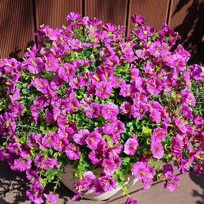 Artificial Flowers for Outdoors, UV Resistant Fake Silk Morning Glory, Realistic Faux Plants for Outside Porch Patio Window Box Hanging Planter (16, Fuchsia)