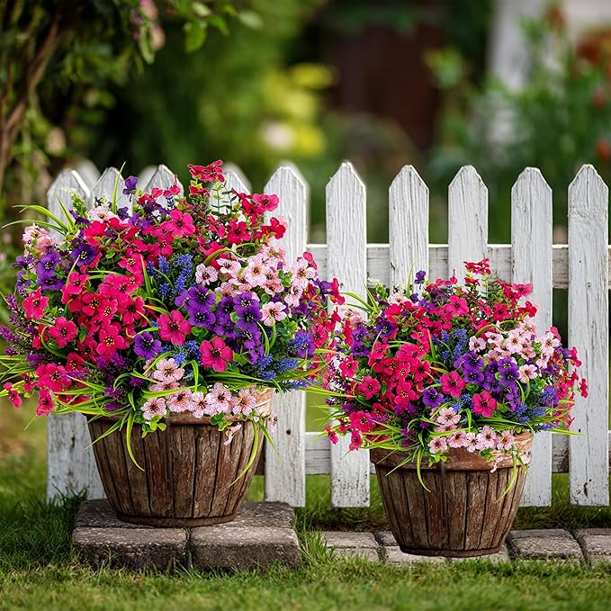 Artificial Flowers for Outdoors Fake Plants - 16 Bundles Faux Outside Greenery Boxwood No Fade Plastic Shrubs Fall Decor Farmhouse Home Garden Thanksgiving Mums (Mix White Purple Pink)