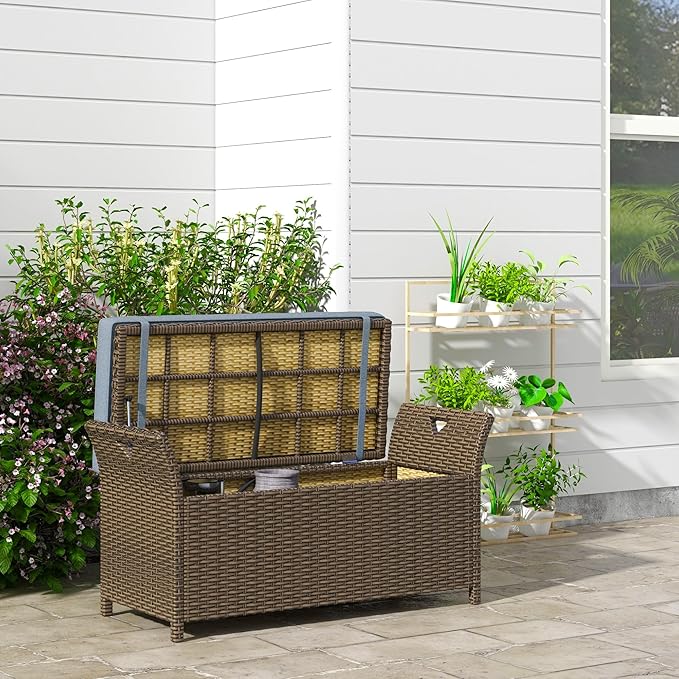Outsunny 29 Gallon Patio Wicker Storage Bench, Outdoor PE Rattan Patio Furniture, 2-in-1 Large Capacity Rectangle Garden Storage Box with Handles and Cushion, Dark Blue